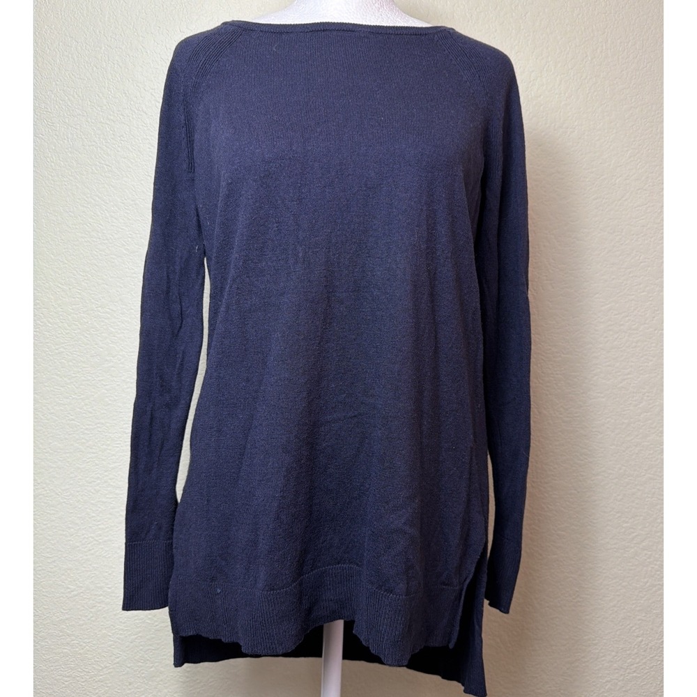 Ann Taylor Sweater L Navy Blue Boatneck Wool Blend Tunic Side Slit Pullover Top